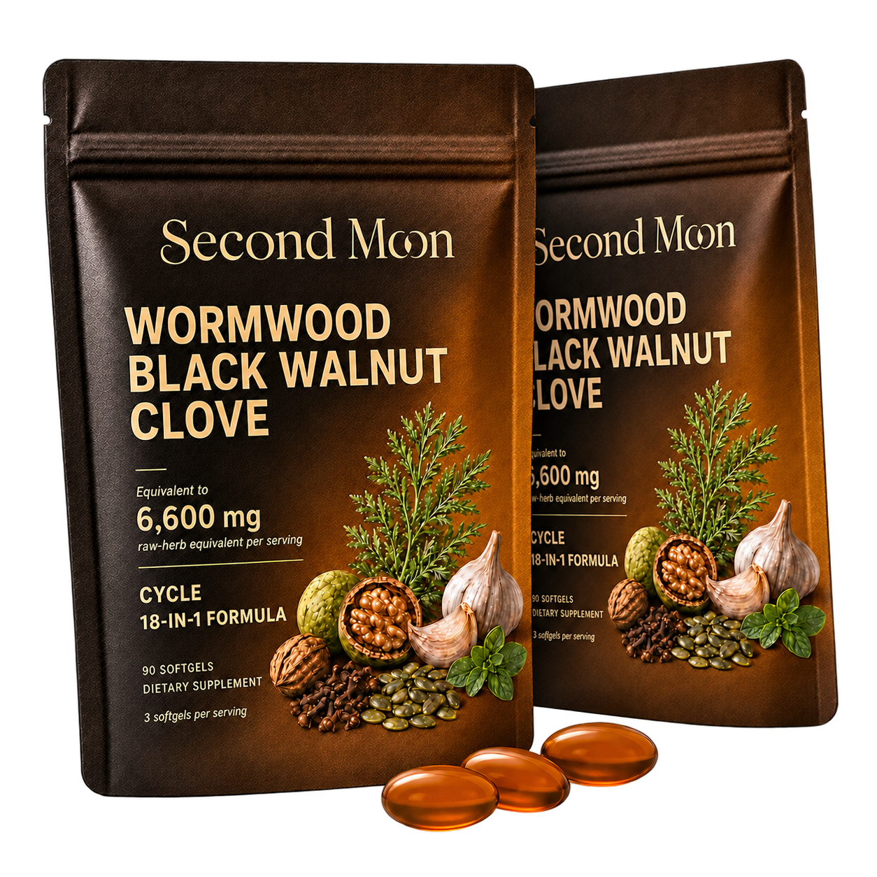 Second Moon pouches and amber softgels