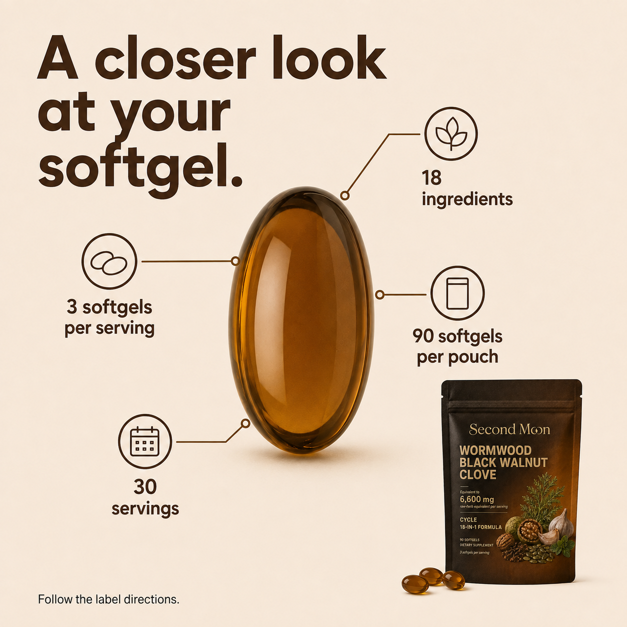 Second Moon softgel with callouts for 18 ingredients, 90 softgels and 30 servings