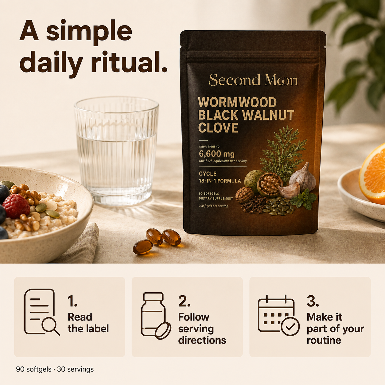 Second Moon Cycle pouch beside breakfast with a three-step daily routine