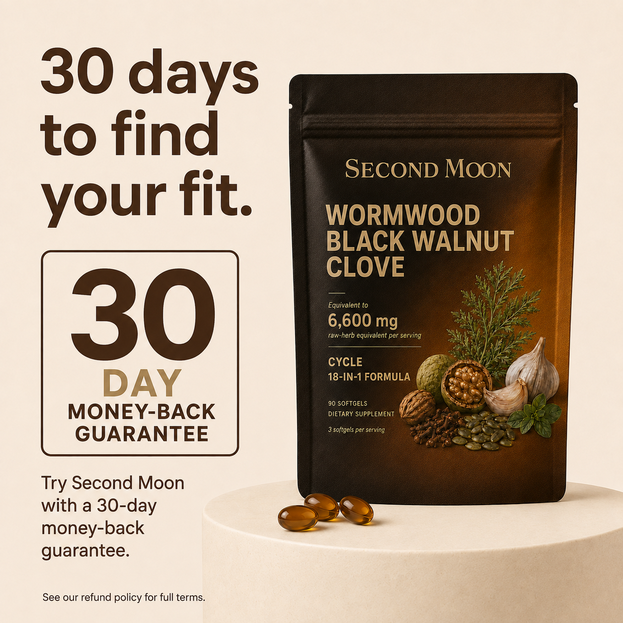 Second Moon Cycle pouch beside the 30-day money-back guarantee
