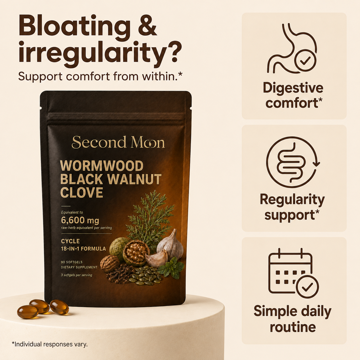 Second Moon Cycle pouch with outcome icons for digestive comfort, regularity support and a simpler routine
