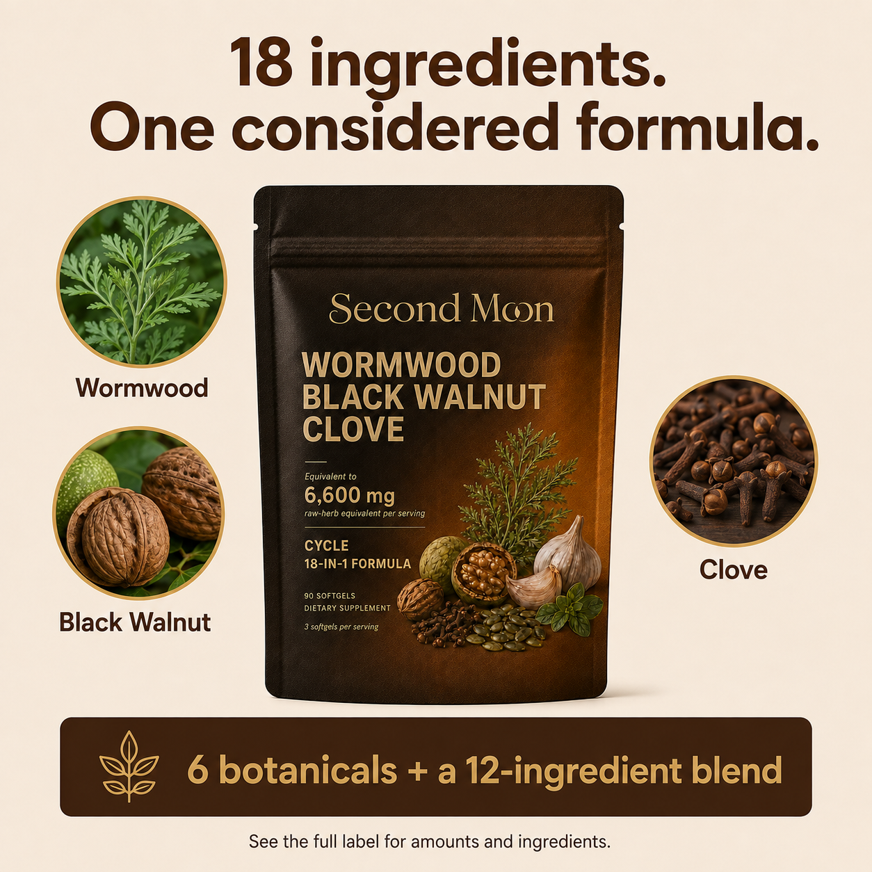 Second Moon Cycle pouch surrounded by wormwood, black walnut and clove ingredient images